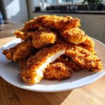 A large pile of golden brown, crispy air fryer chicken tenders stacked on a white plate, one is cut open showing the white meat.