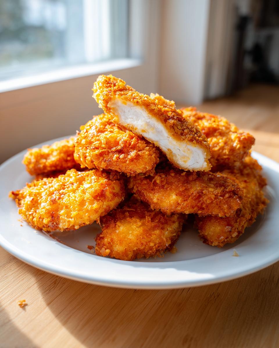 A pile of golden brown, crispy air fryer chicken tenders on a white plate, one cut open showing juicy white meat.
