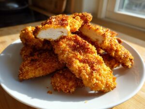 A pile of golden brown, crispy air fryer chicken tenders on a white plate, one is cut open showing the white meat.