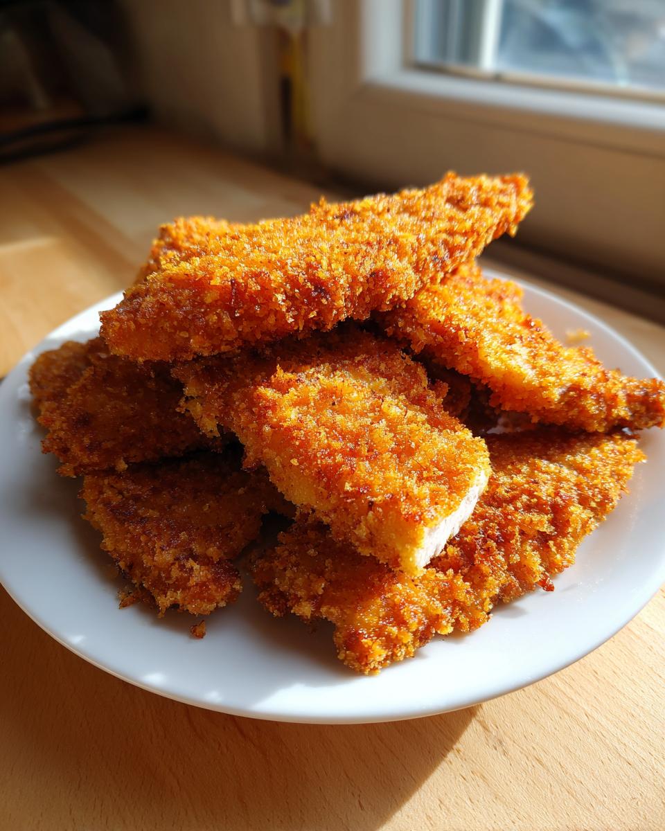 A pile of golden brown, crispy air fryer chicken tenders stacked on a white plate, showing a cross-section of white meat.