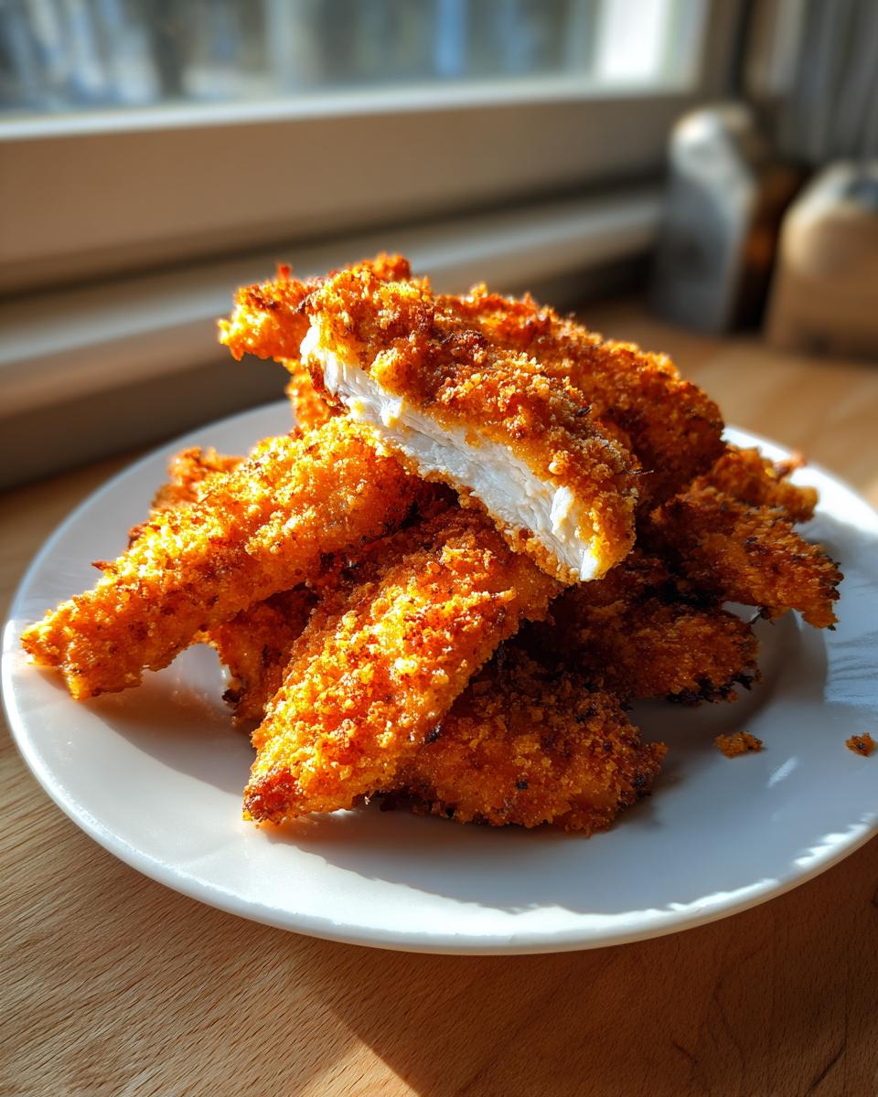 A close-up of golden brown, crispy air fryer chicken tenders piled on a white plate, one piece cut open showing white meat.