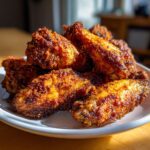 A close-up of a pile of golden brown, very crispy air fryer chicken wings stacked on a white plate.