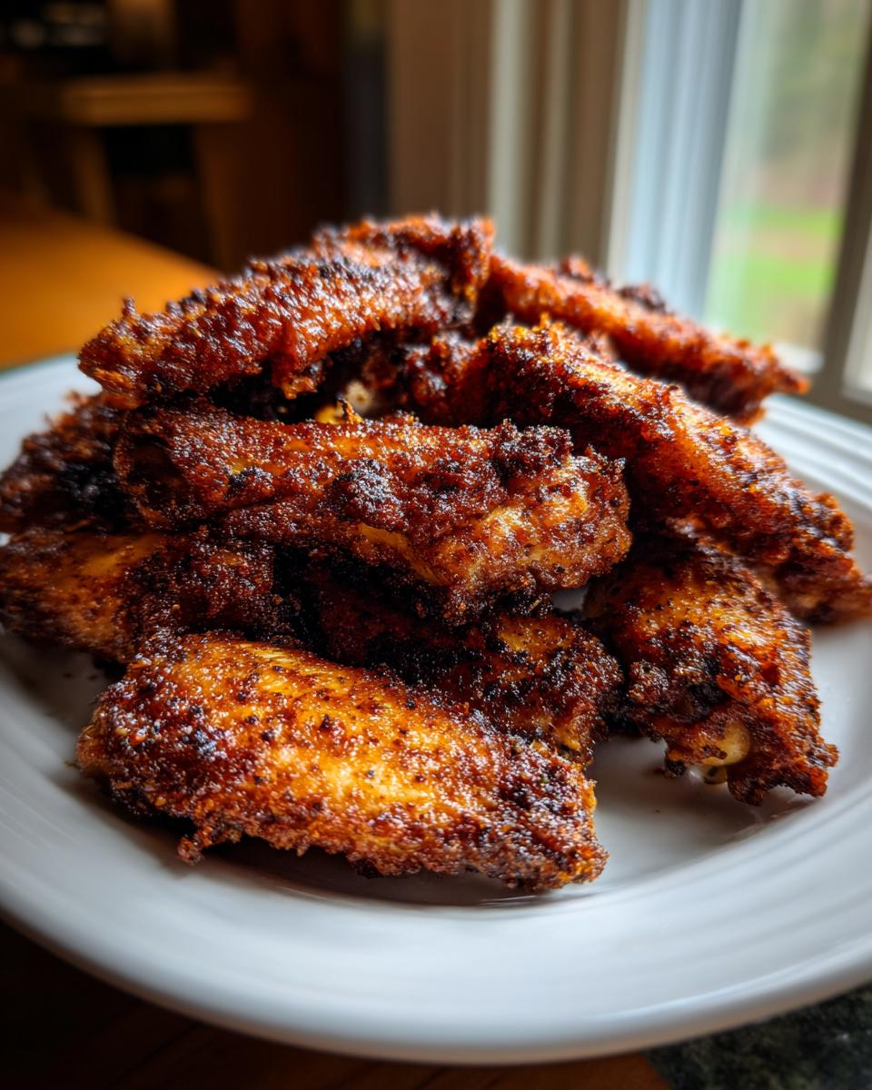 A close-up of a pile of dark, seasoned, and very crispy air fryer chicken wings on a white plate.