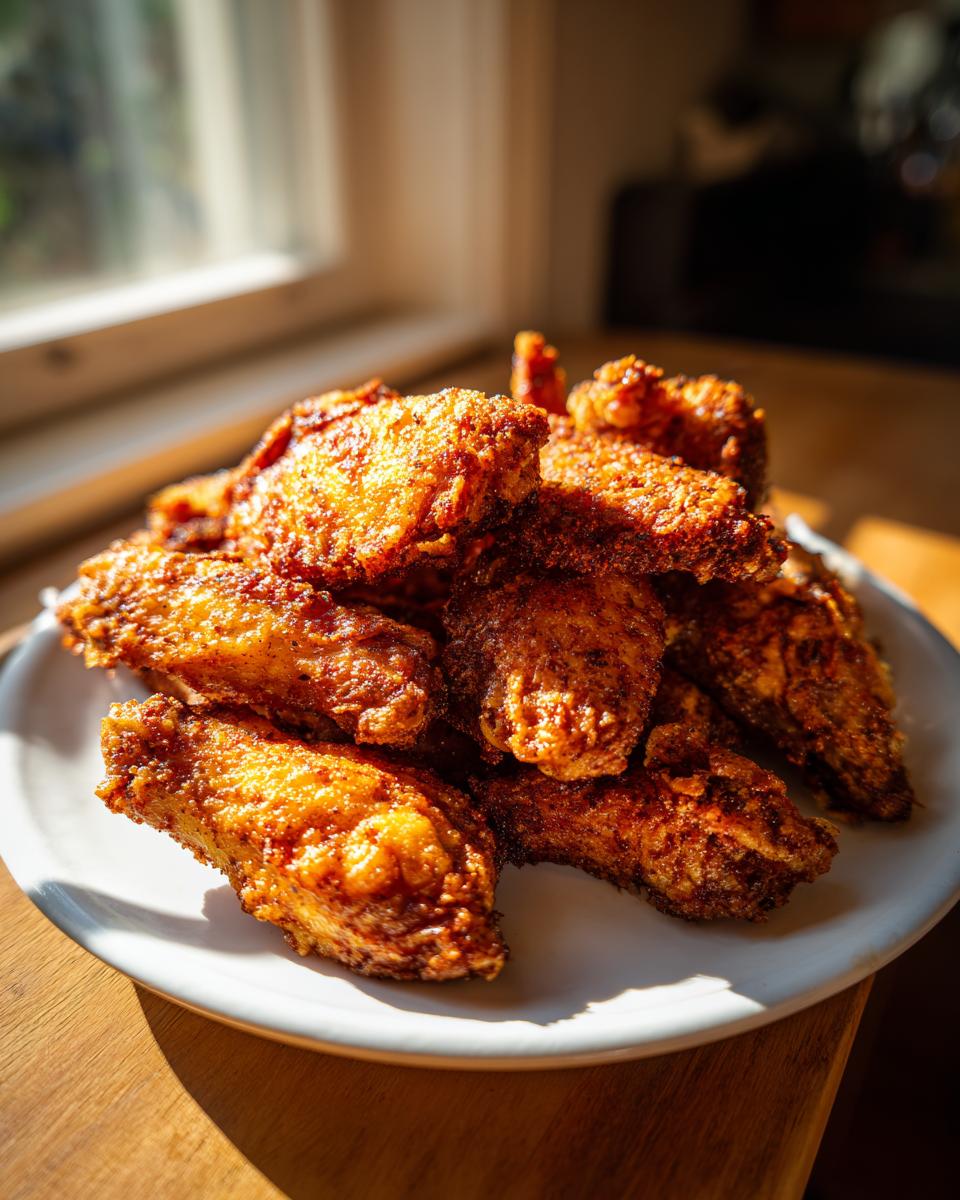 A pile of golden brown, crispy air fryer chicken wings stacked on a white plate in bright sunlight.