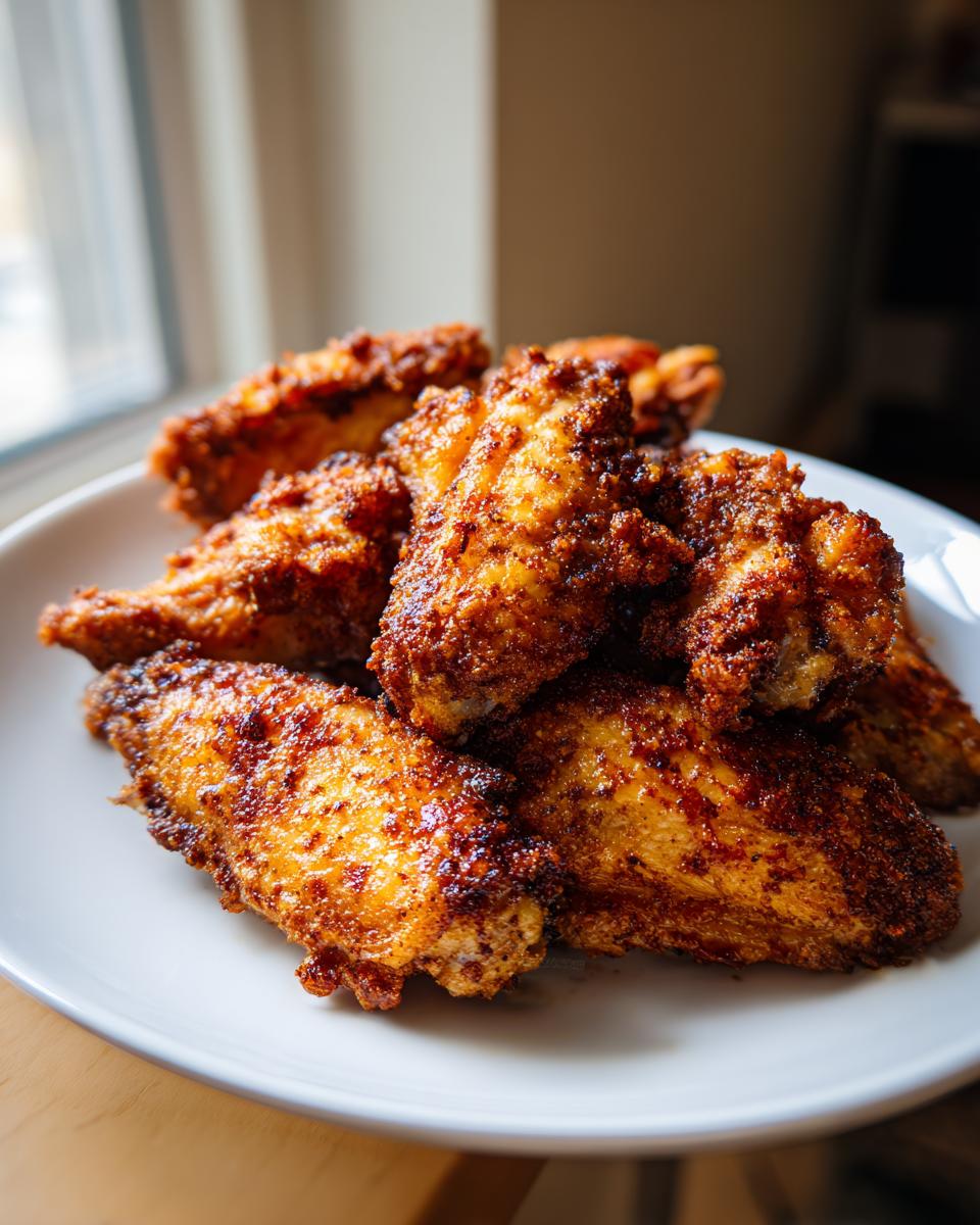 Close-up of golden brown, seasoned crispy air fryer chicken wings piled high on a white plate.
