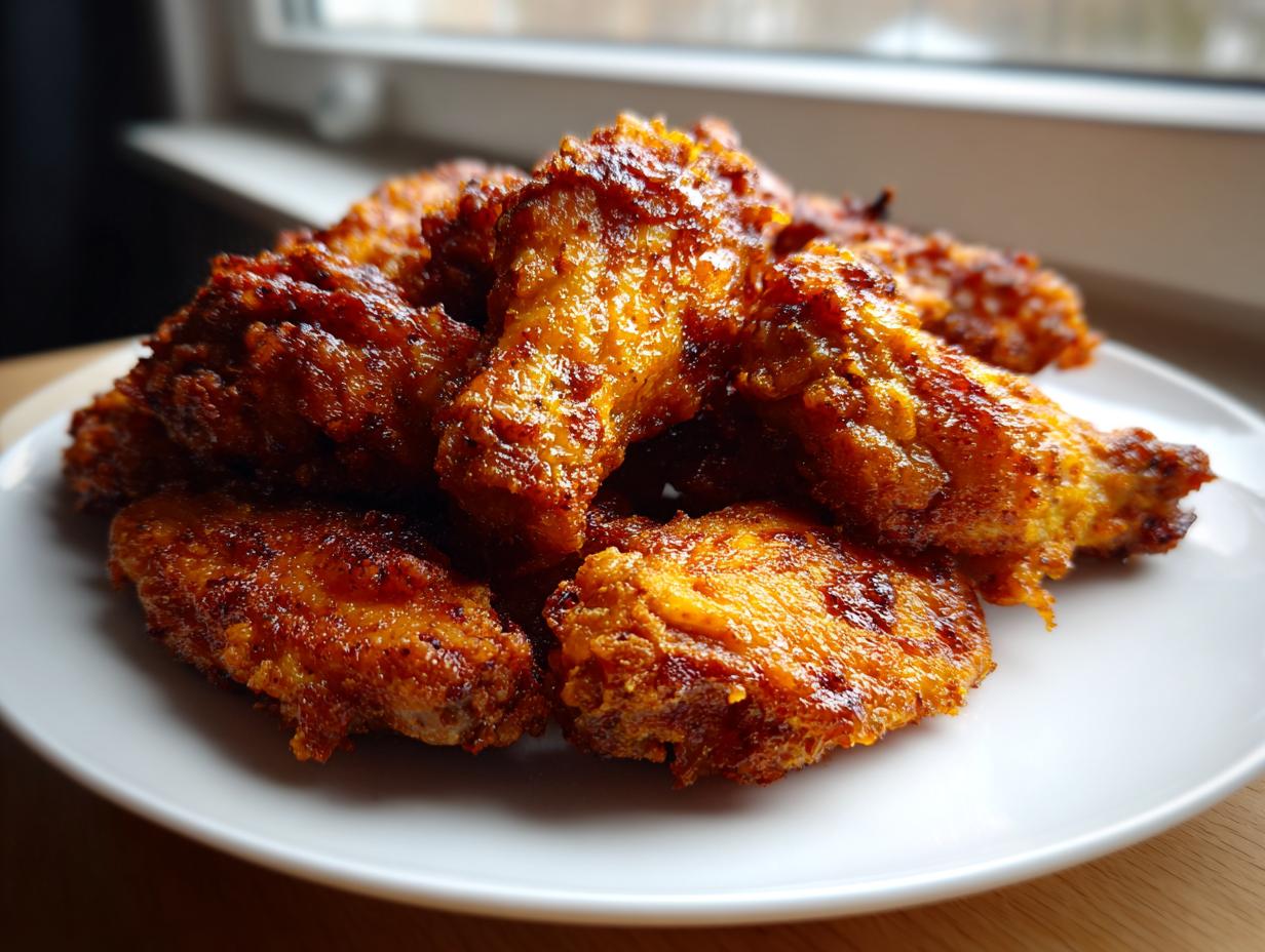 A pile of golden brown, crispy air fryer chicken wings glistening with sauce on a white plate.