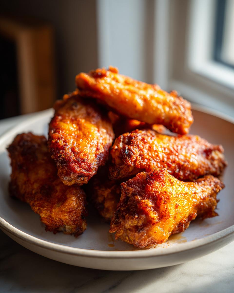 A close-up of several golden brown, crispy air fryer chicken wings piled high on a white plate.