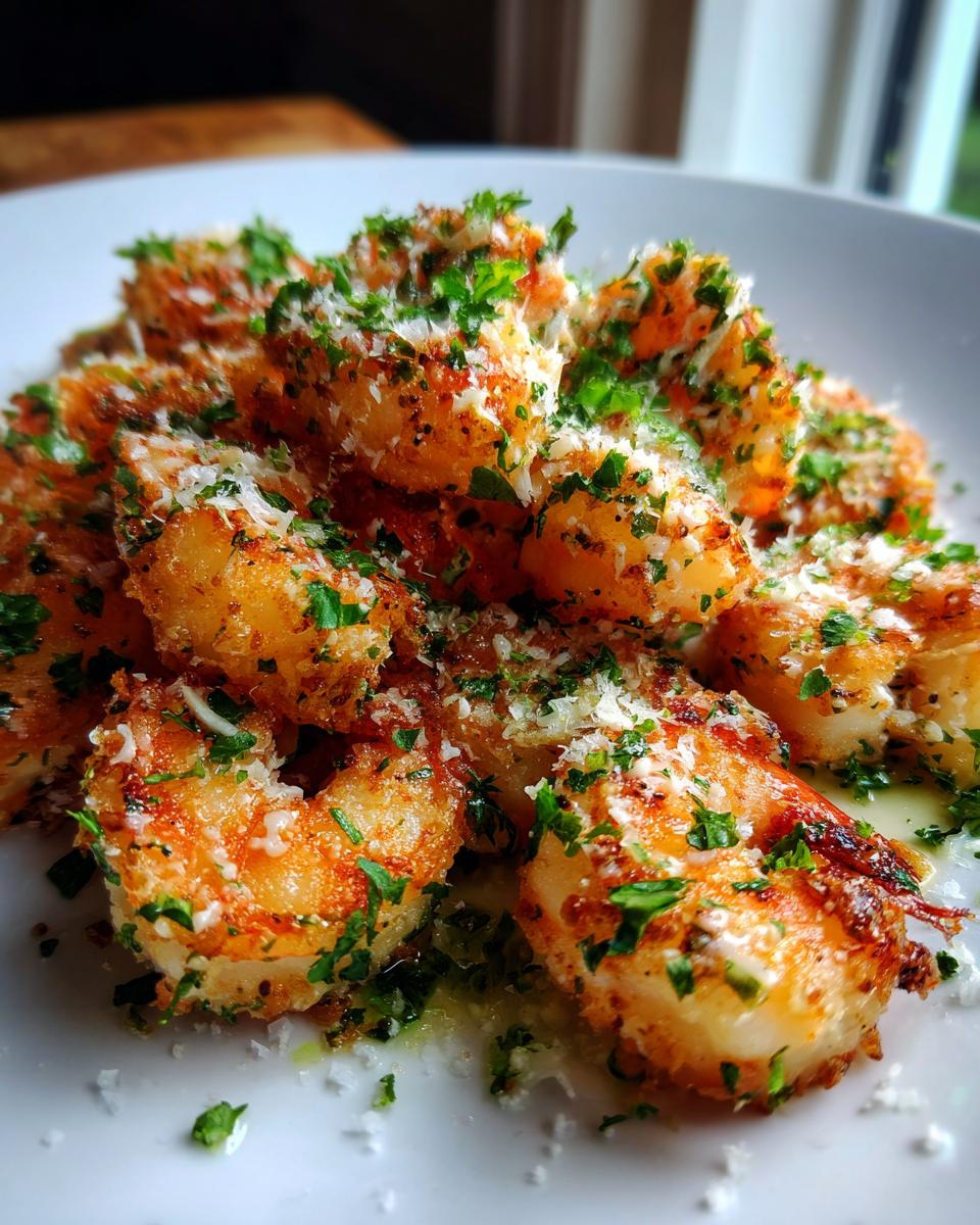Close-up of golden, crispy air fryer shrimp generously topped with grated Parmesan cheese and fresh chopped parsley.