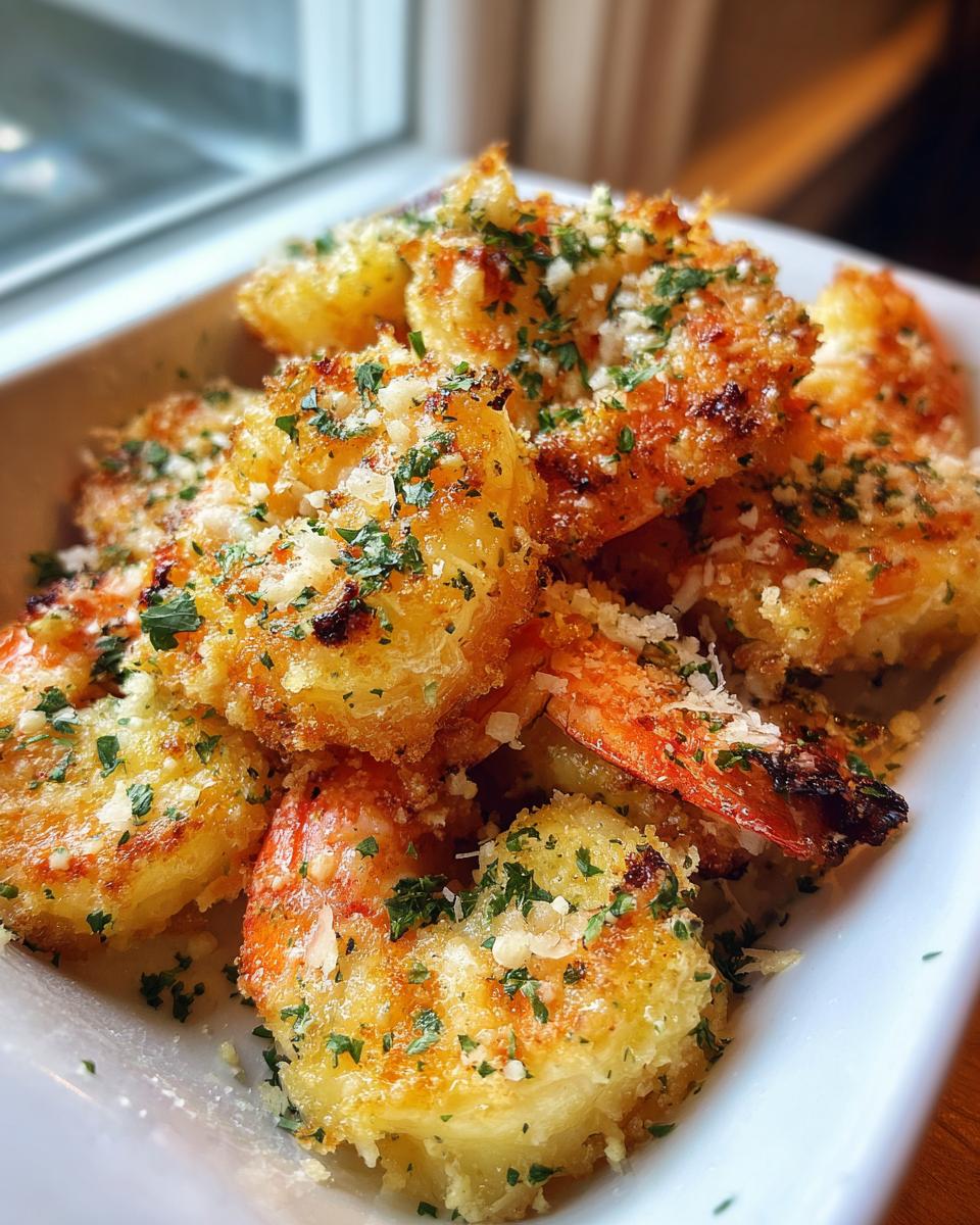 Close-up of golden, crispy air fryer shrimp topped with grated Parmesan cheese and fresh parsley.
