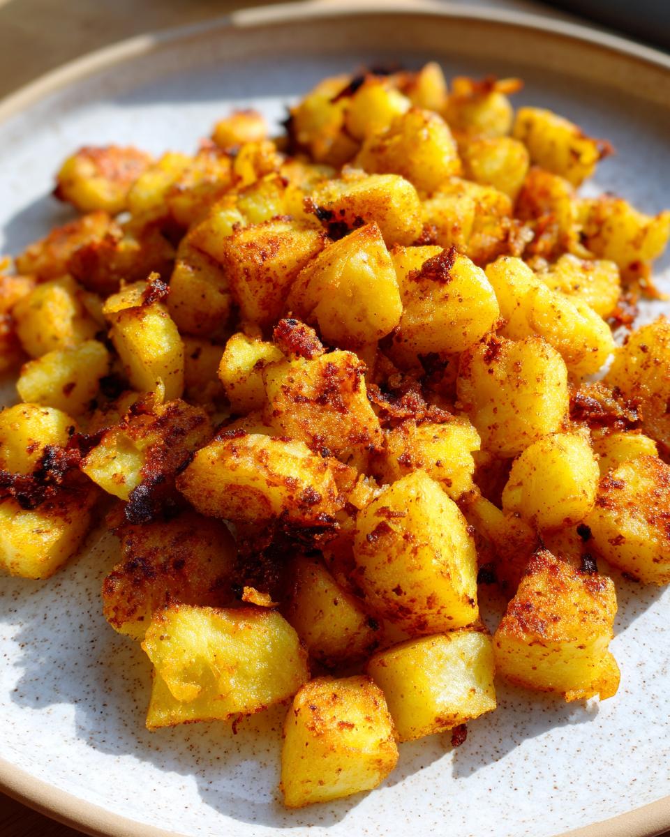 A close-up of golden brown, crispy breakfast potatoes seasoned with spices, piled on a light-colored plate.