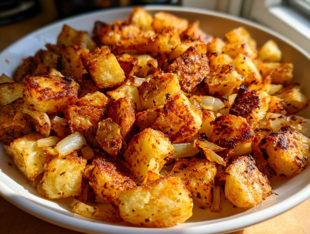 Close-up of perfectly crispy, golden-brown breakfast potatoes mixed with sautéed onions in a white bowl.