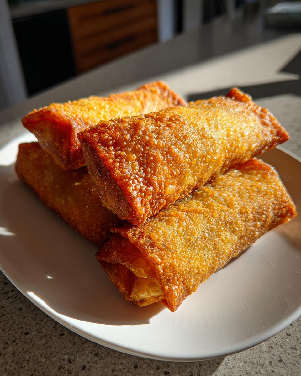 Close-up of four golden brown, crispy homemade egg roll appetizers stacked on a white plate.