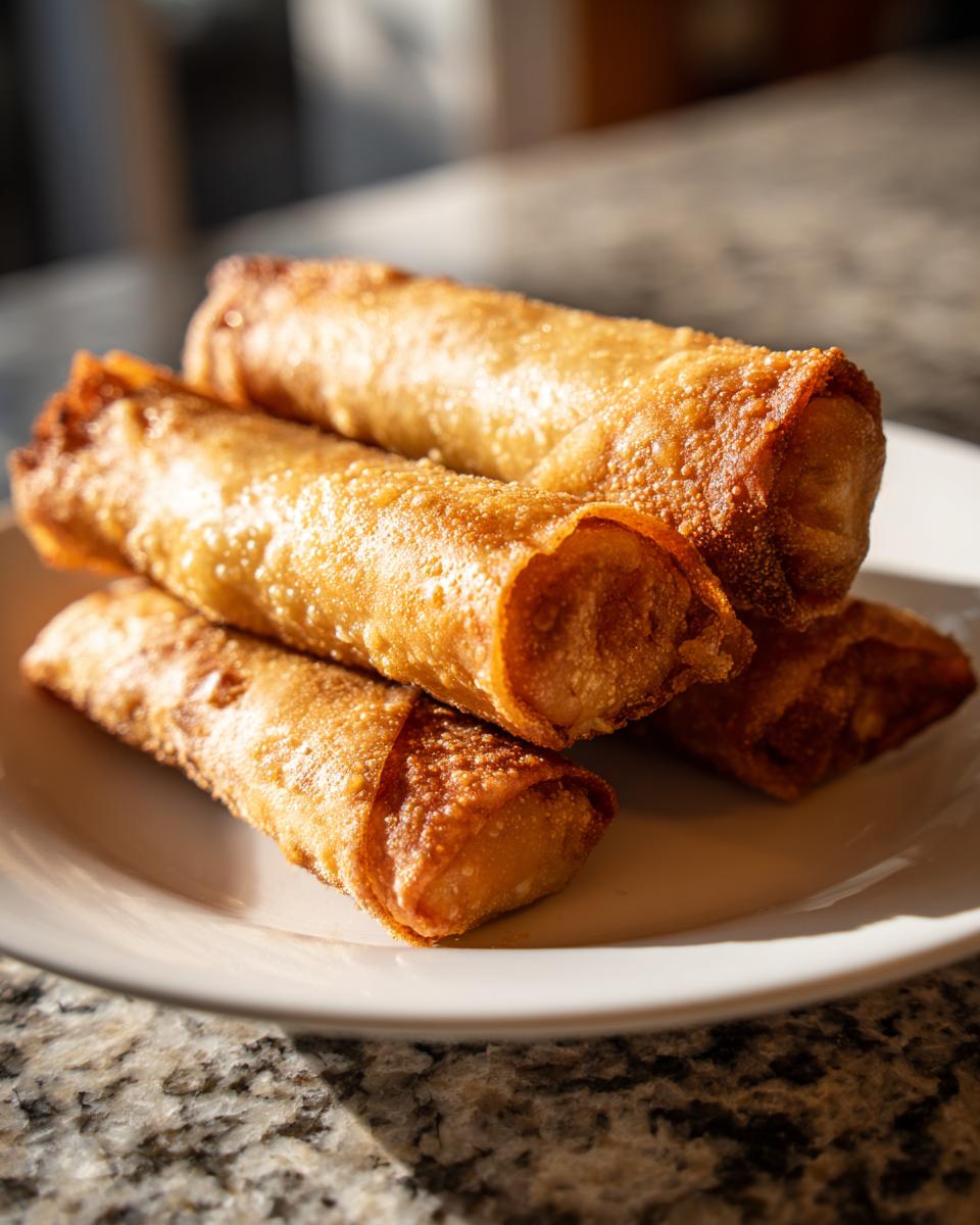 A stack of four golden brown, crispy homemade egg roll appetizers resting on a white plate.