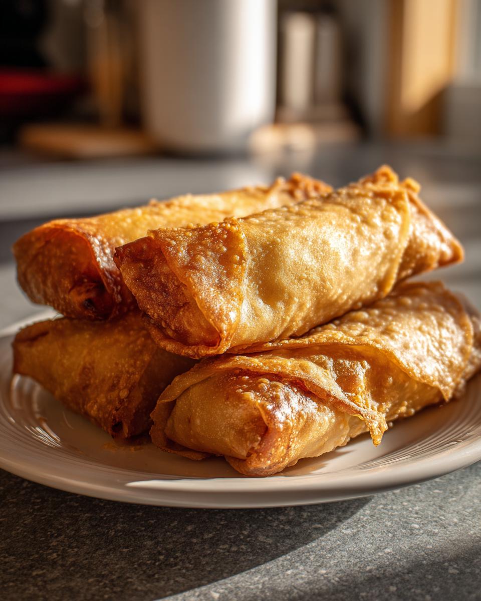 A stack of four golden brown, crispy homemade egg roll appetizers resting on a white plate.