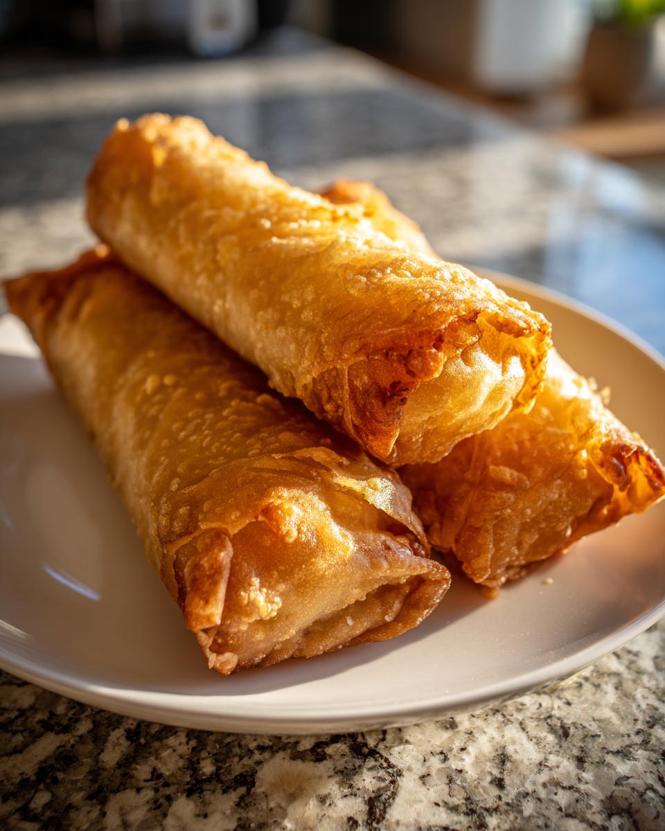 Three golden brown, crispy homemade egg roll appetizers stacked on a white plate under bright light.