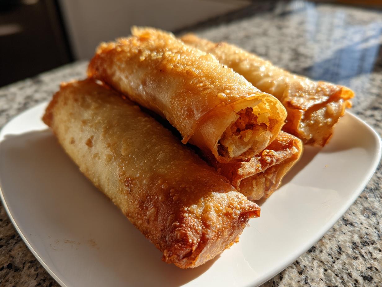 A stack of four golden brown, crispy homemade egg roll appetizers served on a white plate.