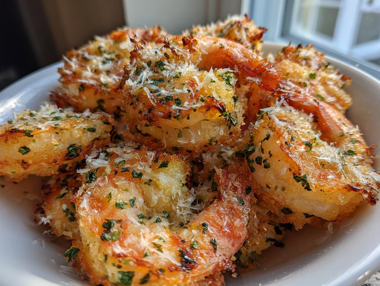 Close-up of golden, crispy air fryer shrimp topped with grated Parmesan cheese and parsley.