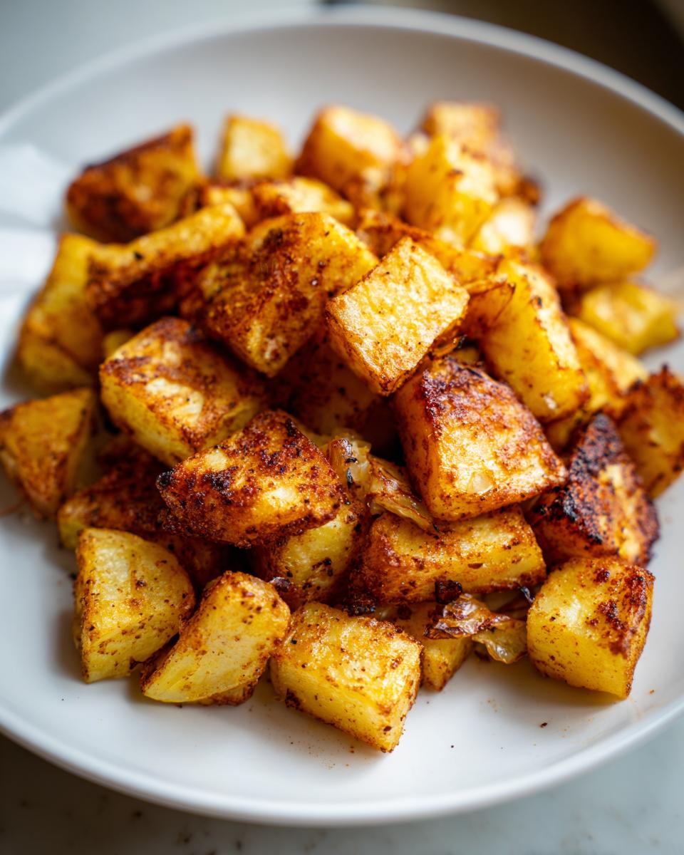 Close-up of golden brown, cubed breakfast potatoes seasoned with spices, piled on a white plate.