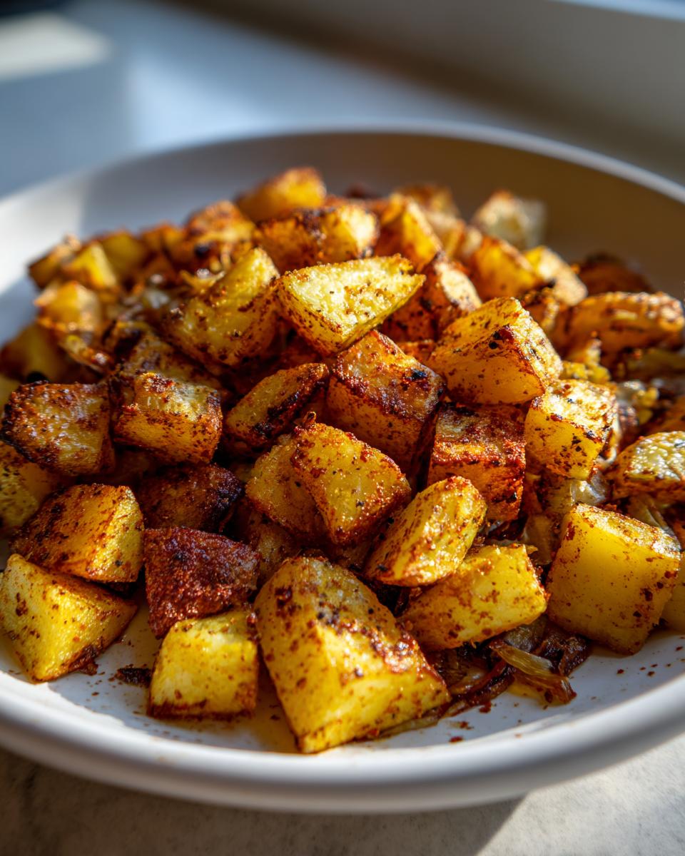 Close-up of golden brown, crispy breakfast potatoes seasoned with spices, served in a white bowl.