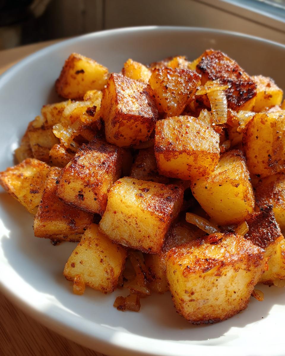Close-up of golden brown, crispy breakfast potatoes cubes seasoned and mixed with caramelized onions in a white bowl.
