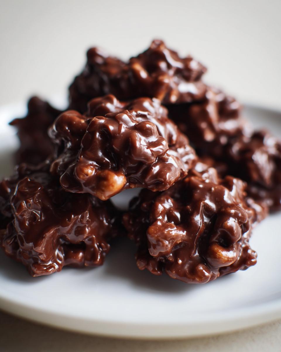 Close-up of several rich, glossy crockpot peanut clusters piled on a white plate.