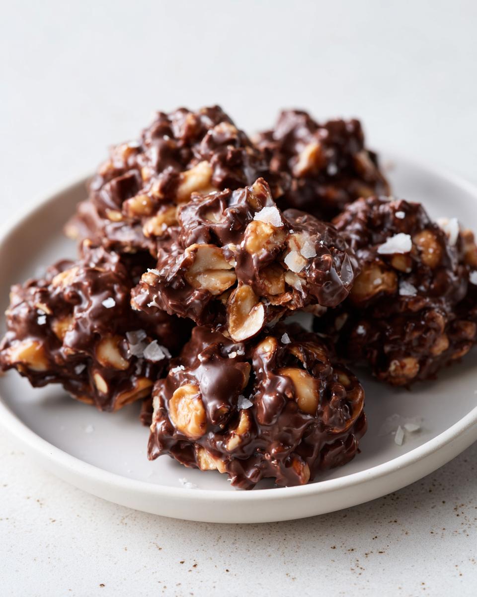 A pile of rich, chocolate-covered crockpot peanut clusters sprinkled with flaky sea salt on a light gray plate.