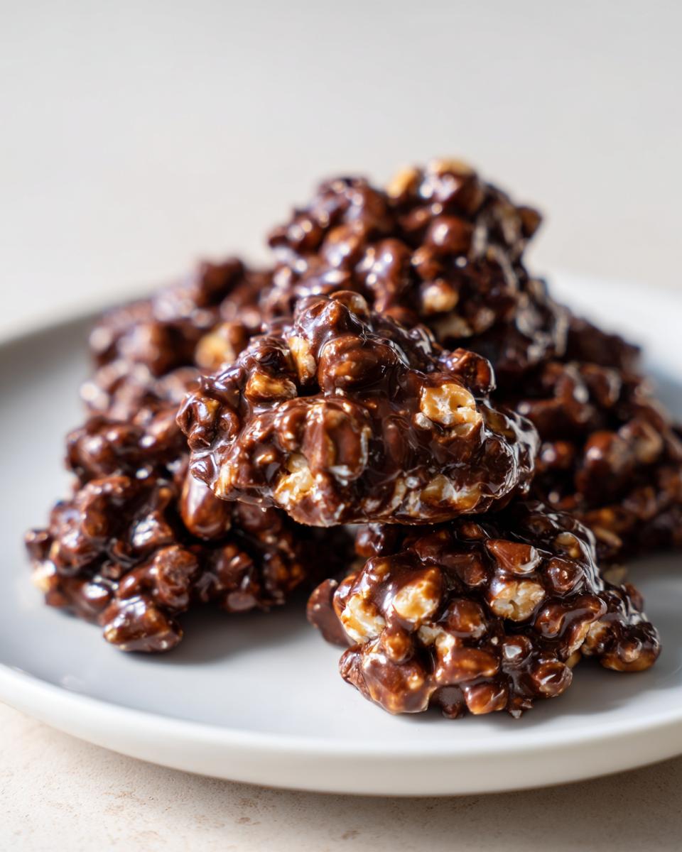 A stack of glossy, chocolate-covered crockpot peanut clusters resting on a light gray plate.