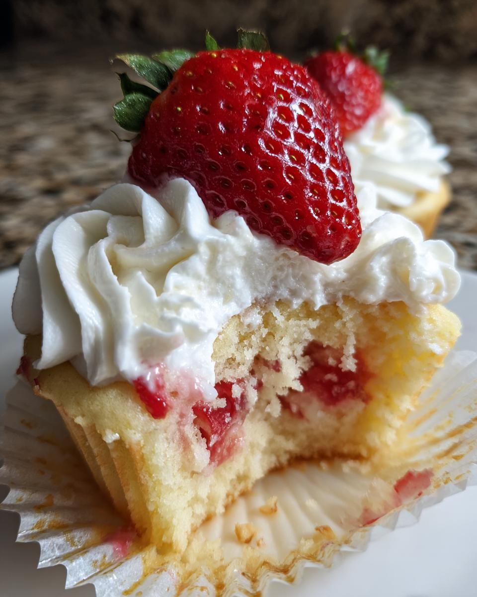 Close-up of a strawberry shortcake cupcakes cut in half showing the moist cake, strawberry filling, whipped cream, and fresh strawberry.