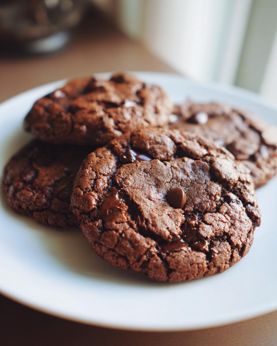 Close-up of four fudgy double chocolate chip cookies with melted chocolate puddles on a white plate.