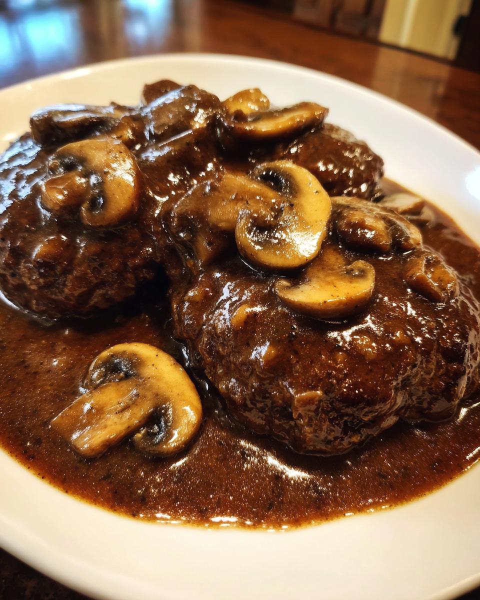 Two servings of rich salisbury steak smothered in dark mushroom gravy on a white plate.