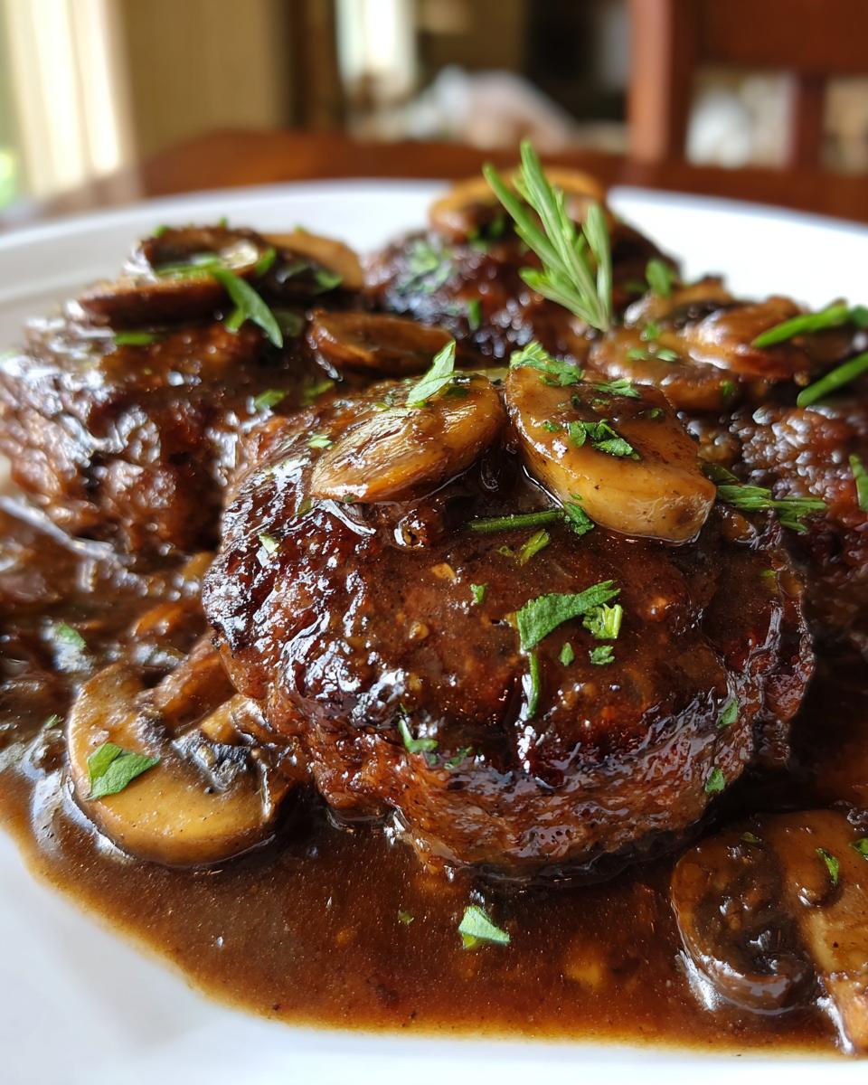 Close-up of savory salisbury steak patties smothered in rich mushroom gravy and garnished with parsley.