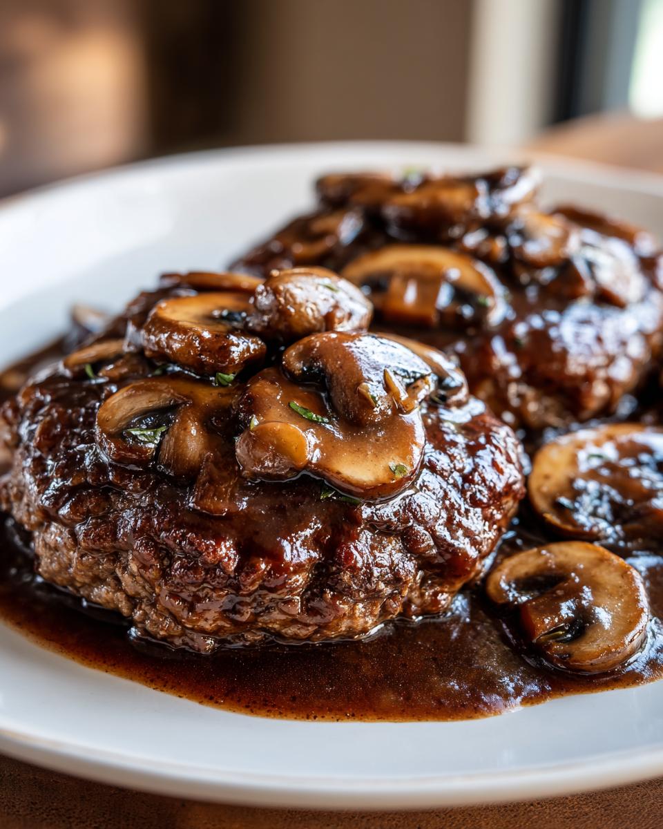 Close-up of rich salisbury steak smothered in dark mushroom gravy and sliced mushrooms.