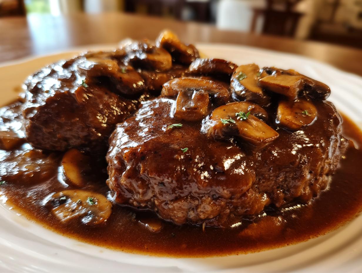 Close-up of two rich salisbury steak patties covered in dark mushroom gravy and sliced mushrooms.