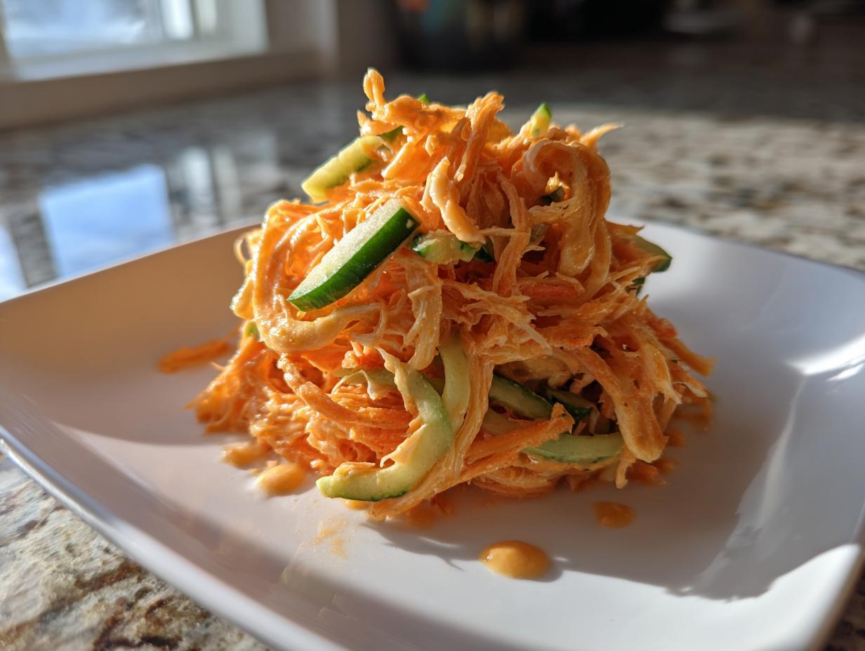 A mound of creamy, shredded kani salad mixed with thin cucumber slices, served on a white square plate.