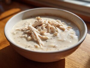 Close-up of a white bowl filled with rich homemade cream of chicken soup, topped generously with shredded chicken.