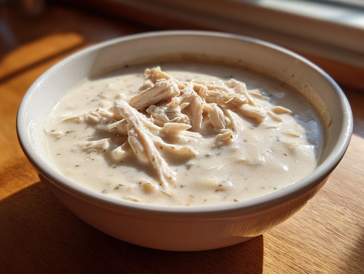 Close-up of a white bowl filled with rich homemade cream of chicken soup, topped generously with shredded chicken.