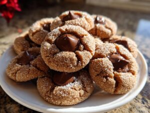 A close-up of several freshly baked peanut butter blossoms, rolled in sugar and topped with a melted chocolate kiss.