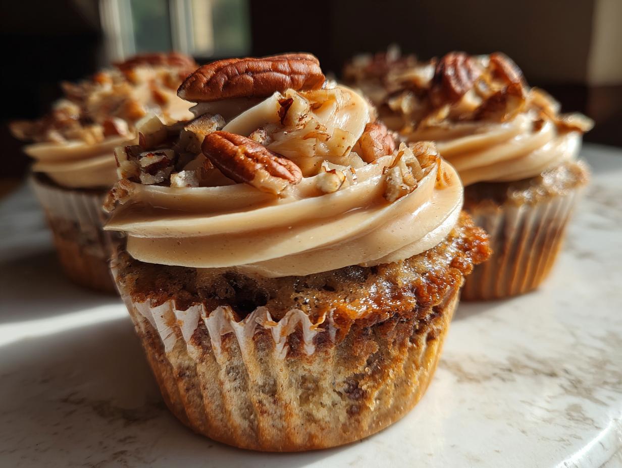 Close-up of delicious pecan pie cupcakes topped with swirled brown frosting and whole pecans.