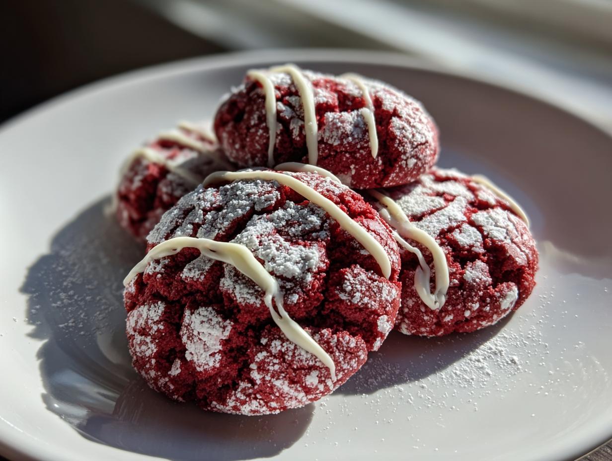 Four vibrant red velvet cookies dusted with powdered sugar and drizzled with white chocolate.