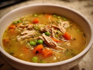 Close-up of a steaming white bowl filled with rich turkey soup, featuring shredded turkey, carrots, and peas.