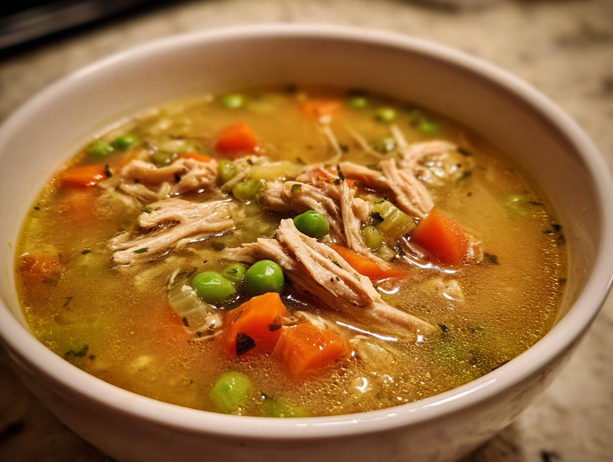 Close-up of a steaming white bowl filled with rich turkey soup, featuring shredded turkey, carrots, and peas.