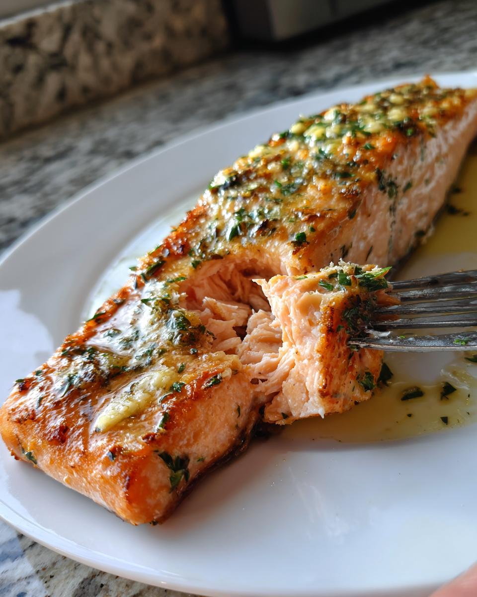 Close-up of a perfectly cooked air fryer salmon fillet, flaky texture visible as a fork pulls a piece away.