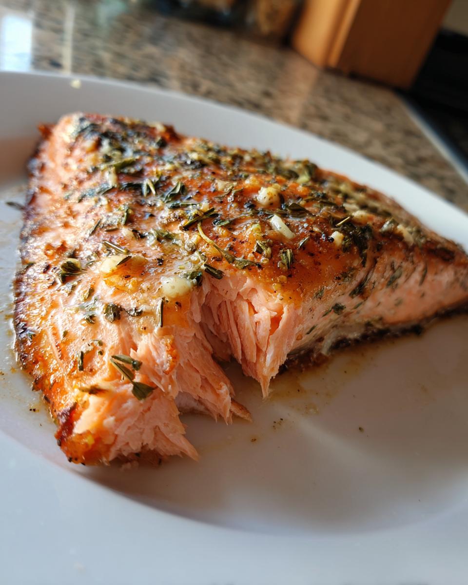 Close-up of perfectly cooked, flaky air fryer salmon seasoned with garlic and herbs on a white plate.