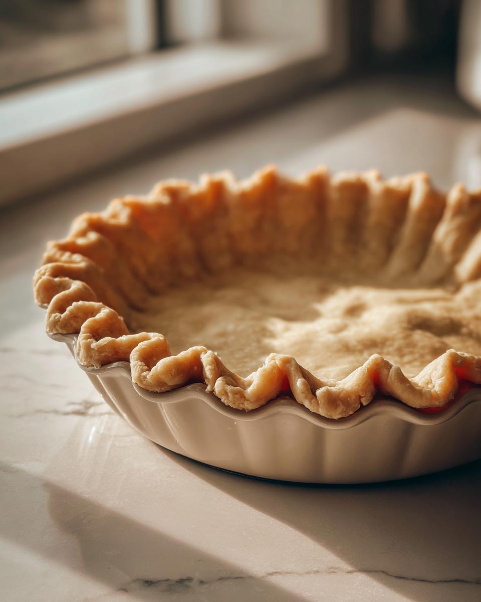 A golden, unbaked butter pie crust with crimped edges resting in a white ceramic pie dish.