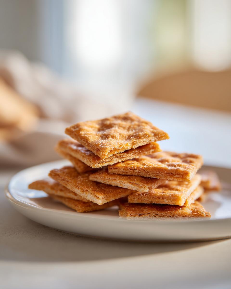 A stack of golden, flaky, square cheese crackers dusted with salt or seasoning on a white plate.