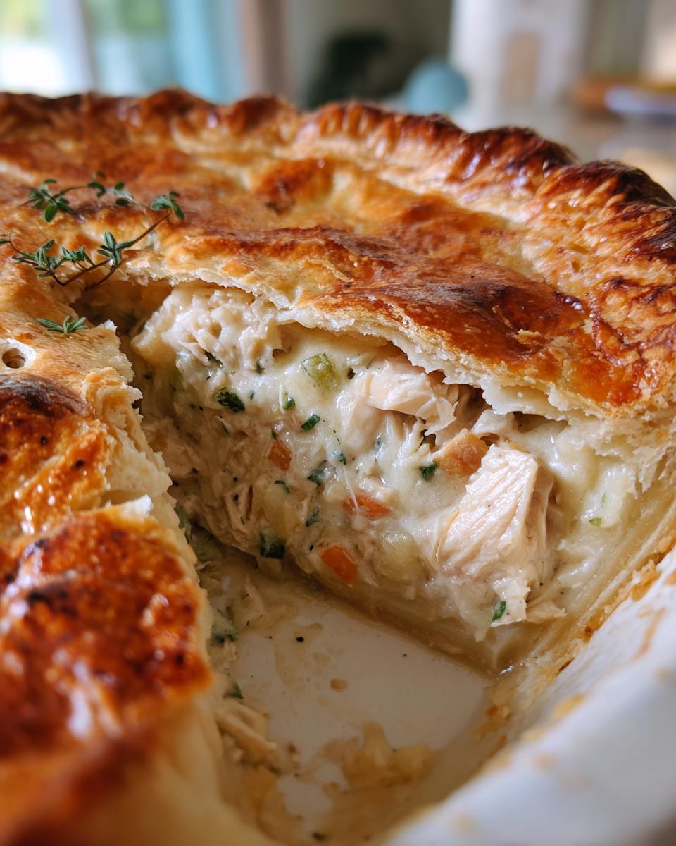 Close-up of a slice cut from a golden-crusted turkey pot pie, revealing creamy filling with turkey chunks.