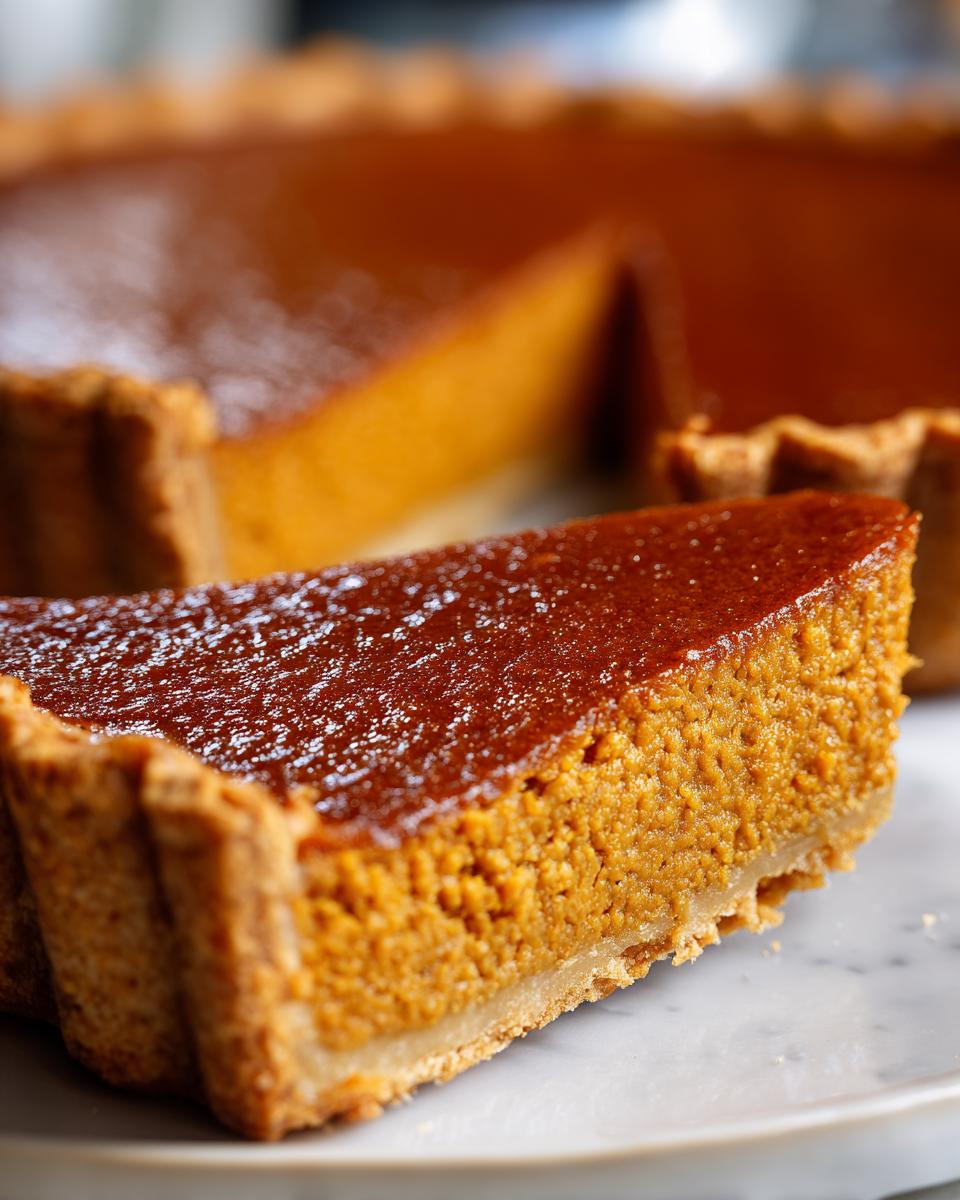 Close-up of a perfect slice of vegan pumpkin pie showing the rich orange filling and glossy top crust.