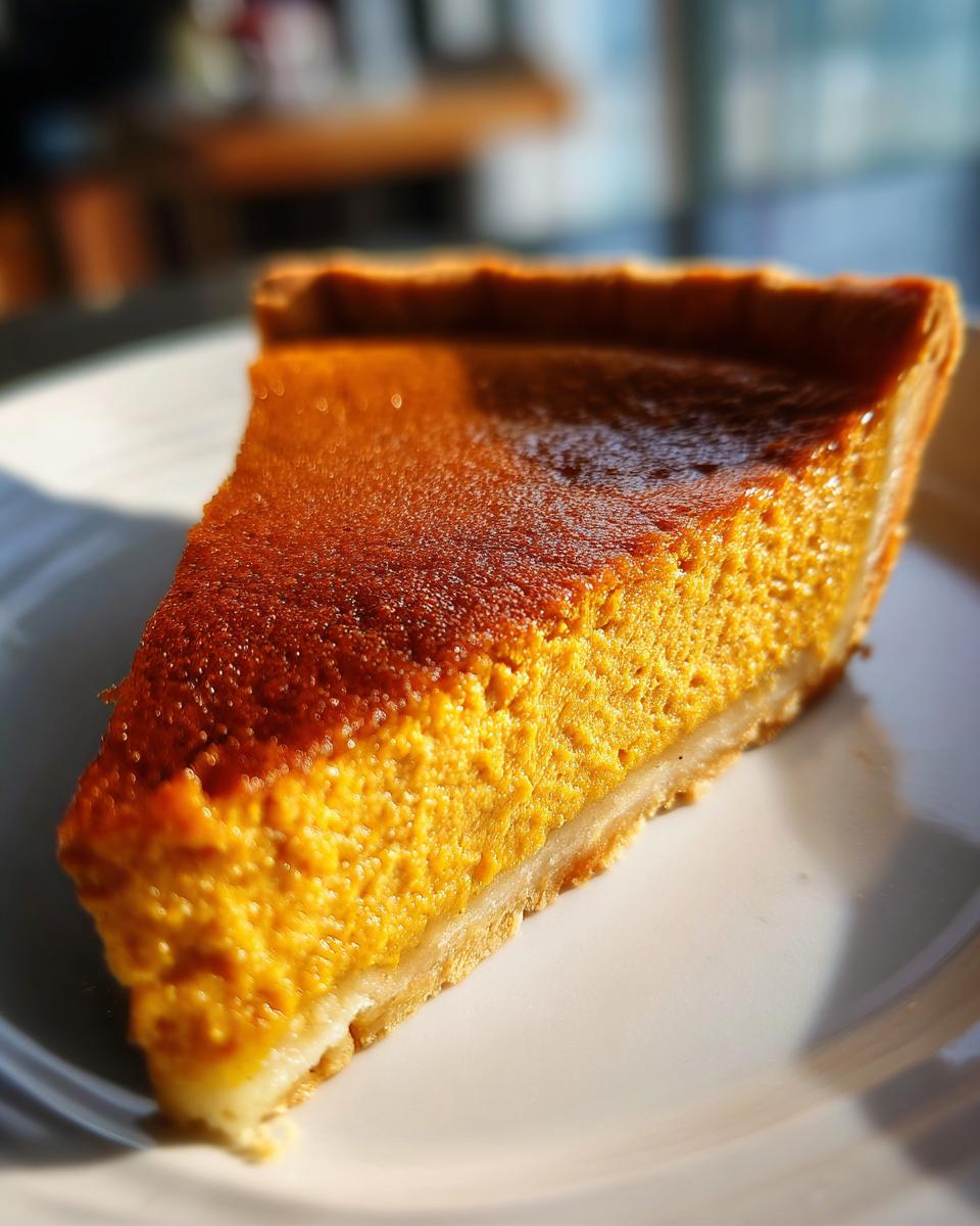 A close-up, sunlit slice of rich orange vegan pumpkin pie with a golden crust on a white plate.