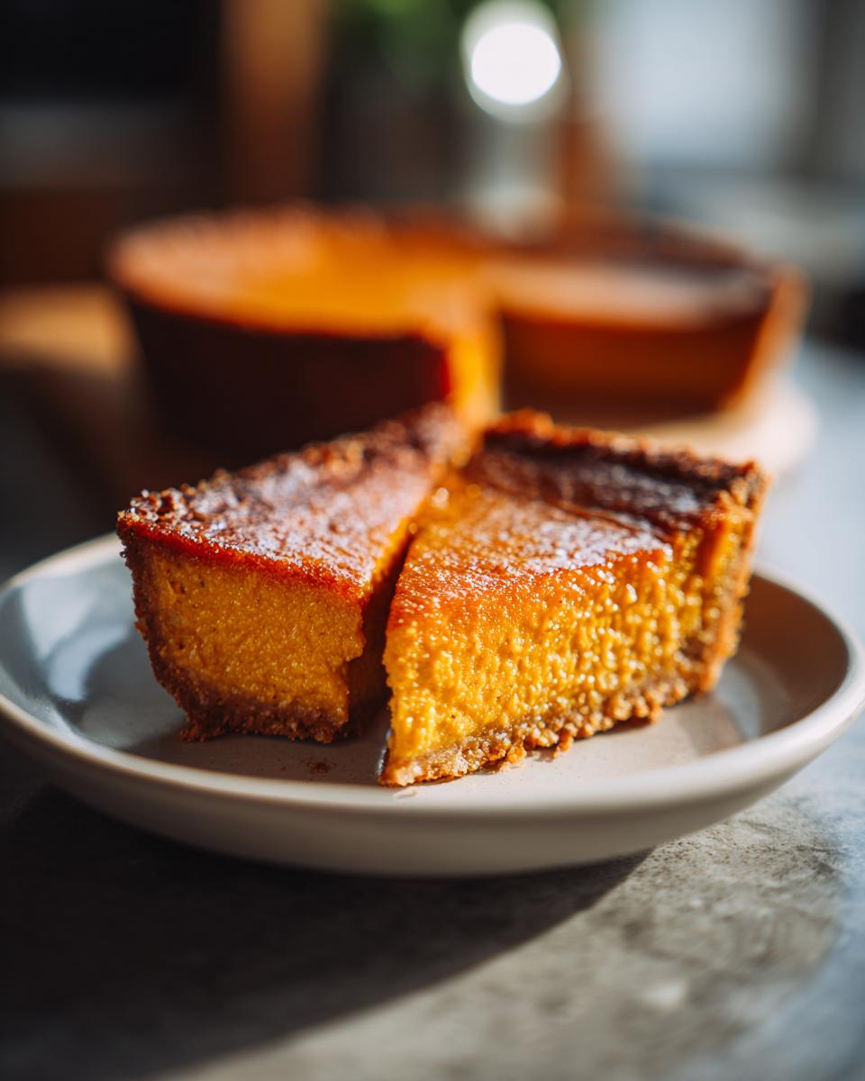 Two slices of vibrant orange vegan pumpkin pie dusted with powdered sugar on a light plate.