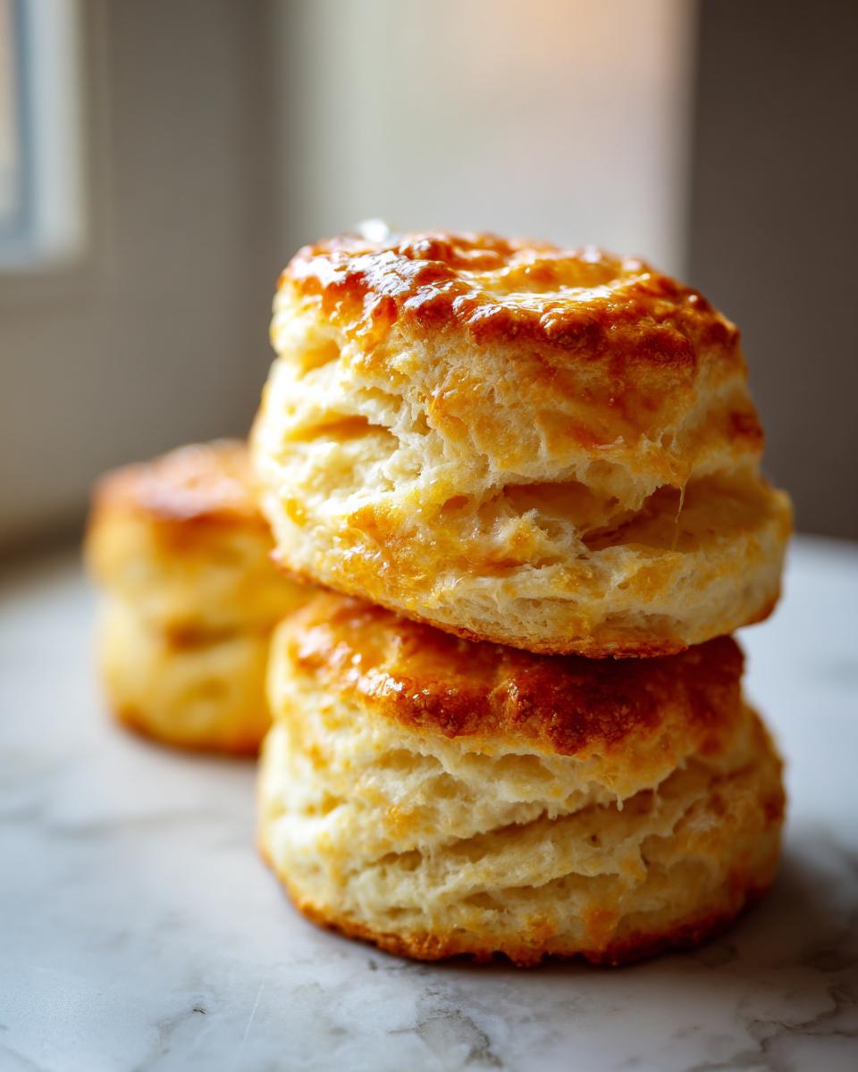 Close-up of two fluffy buttermilk biscuits stacked on a marble surface, featuring a golden, shiny top.
